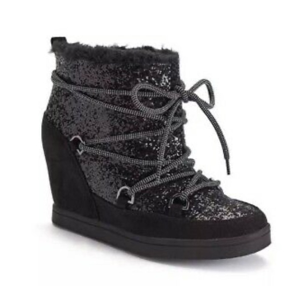 Juicy Couture Mareen Black Glitter Lace Up Wedge Bootie Size 7.5 EUC Y2K